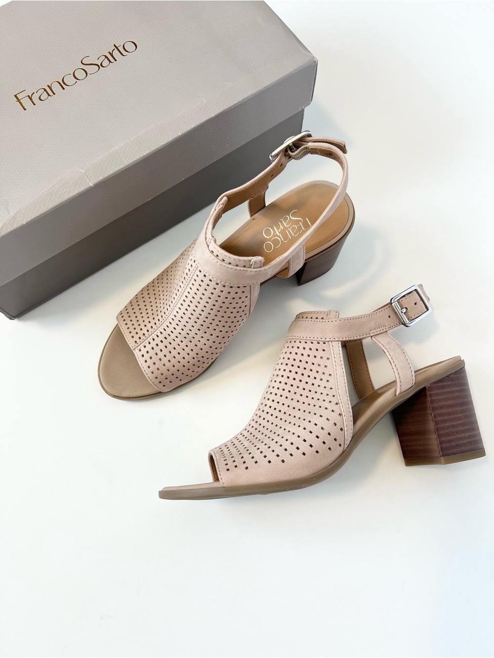 Franco Sarto bone Harlet 2 perforated leather peep toe heeled sandal mule Size 7